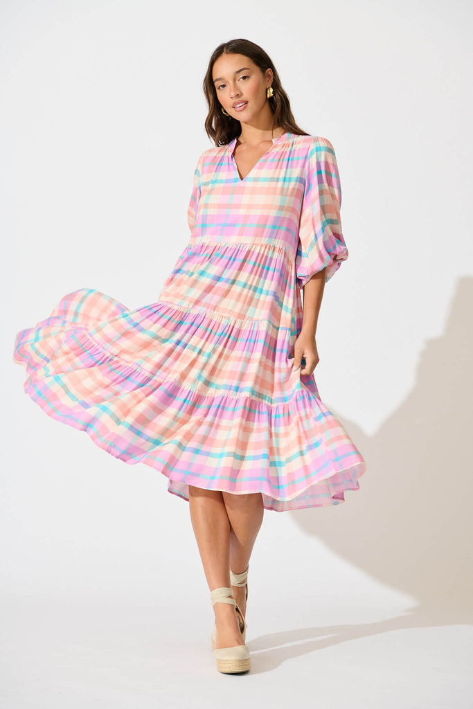 Kehlana Tiered Smock Dress In Pink Check