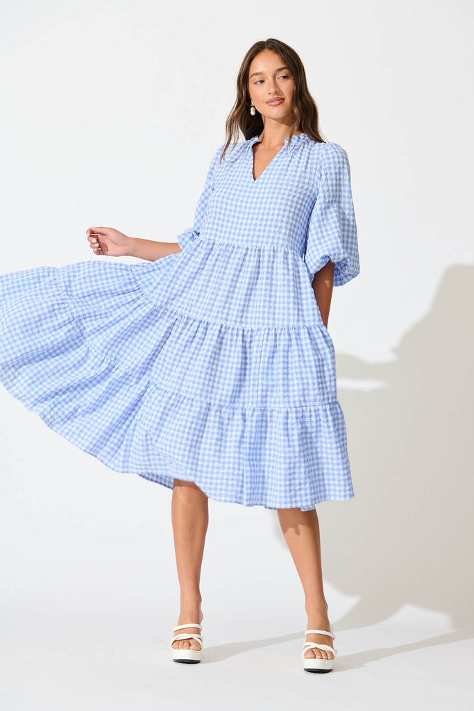 Kehlana Tiered Smock Dress In Cornflower Blue Gingham Cotton