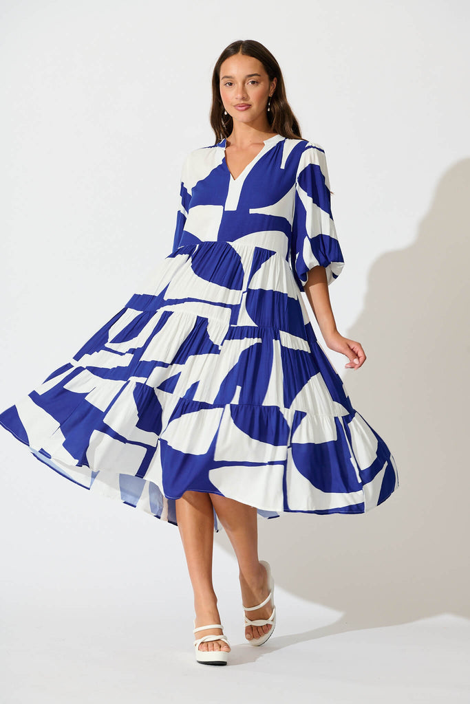 Kehlana Tiered Smock Dress In Navy Geo Print