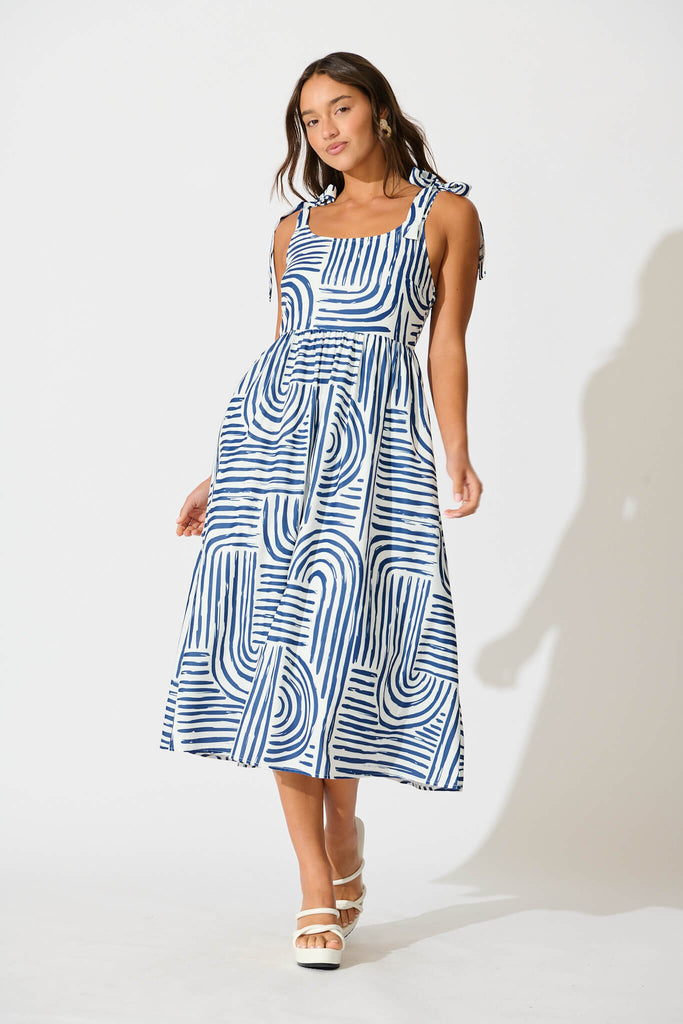 Asha Midi Sundress In Navy Swirl Print Linen Blend