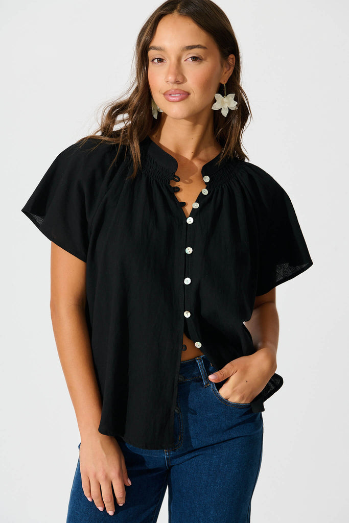 Lombard Top in Black Cotton Linen