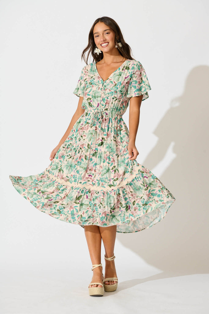 Laconia Midi Dress In White With Teal Floral