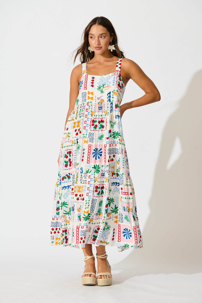 Jolie Maxi Sundress In White Multi Print