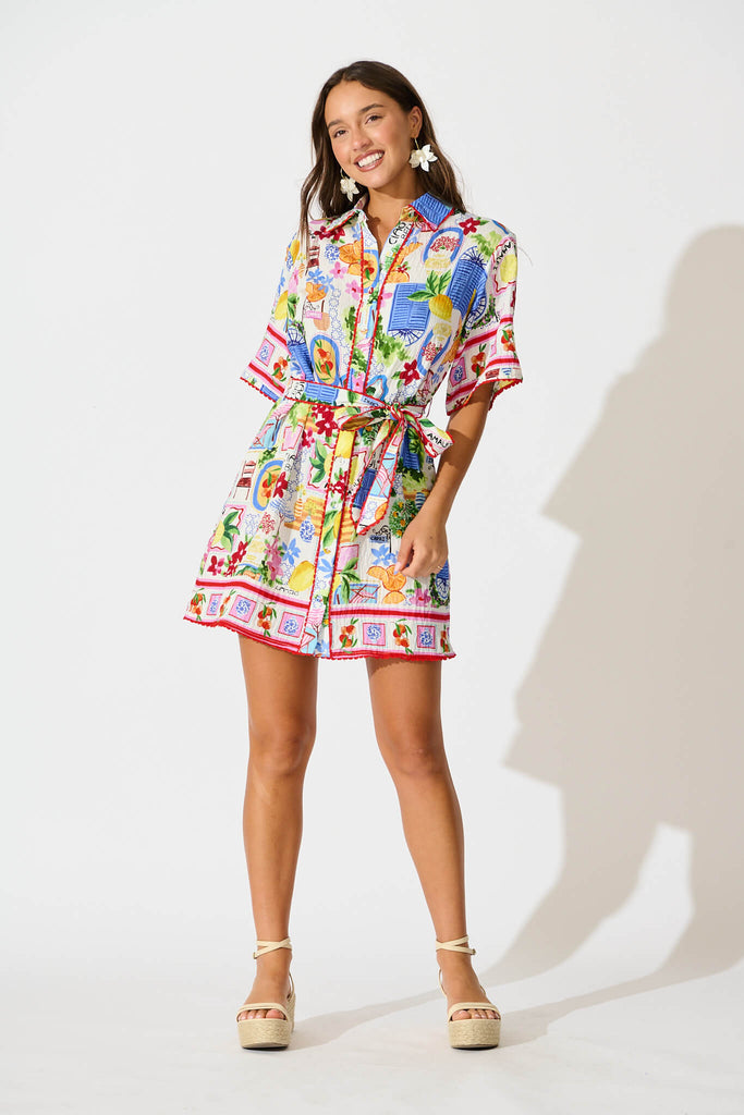 Miela Shirt Dress in White With Multi Print