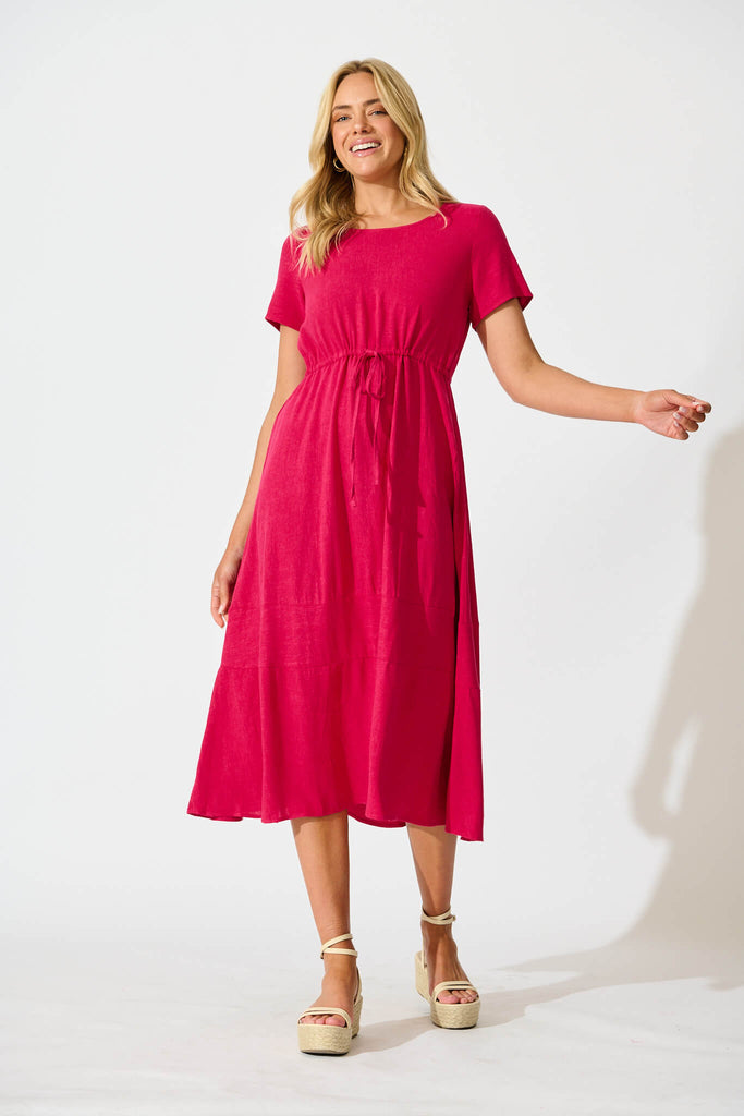 Mary Midi Dress In Fuchsia Linen Blend