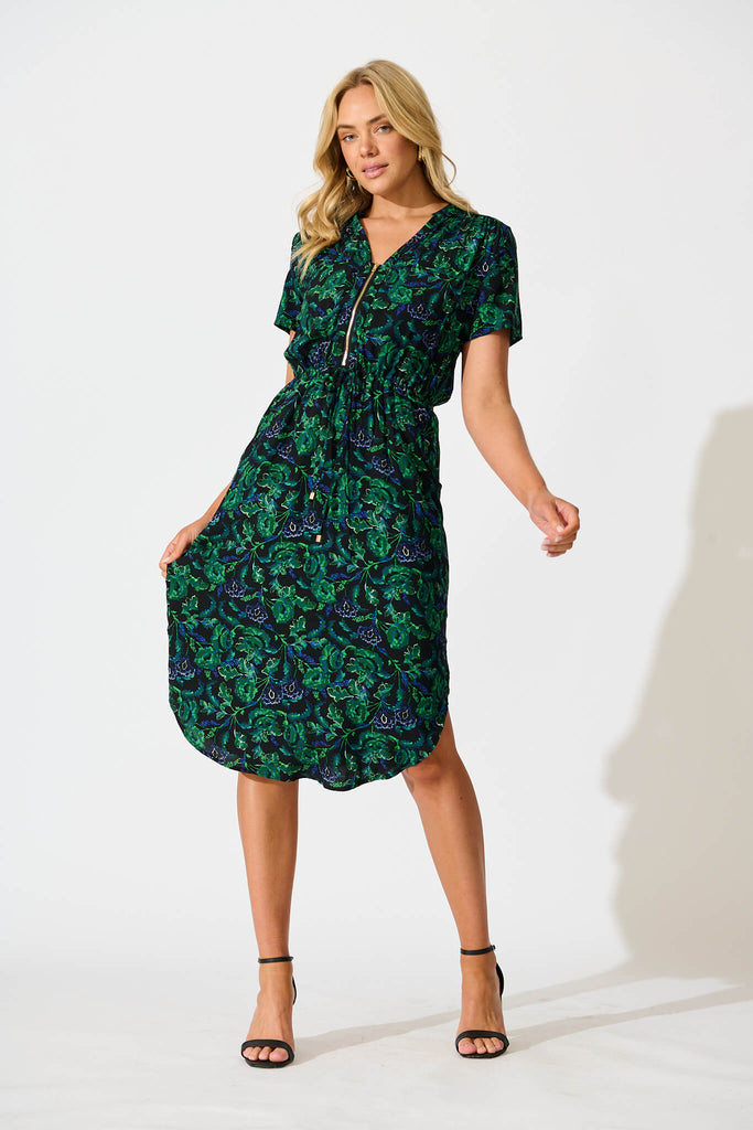 Go Getter Zip Dress in Emerald with Green and Blue Floral