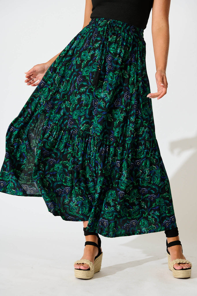 Bilboa Maxi Skirt in Emerald with Green and Blue Floral