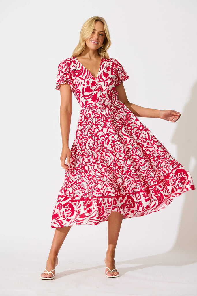 Saturday Midi Dress in Raspberry with White Print