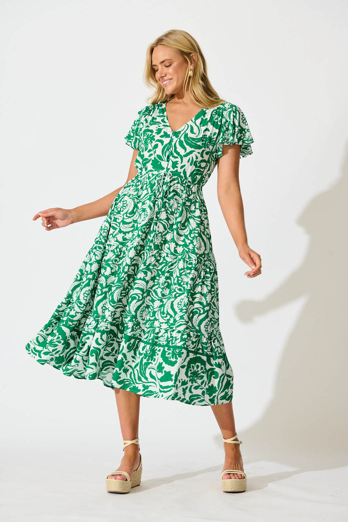 Saturday Midi Dress in Green with White Print