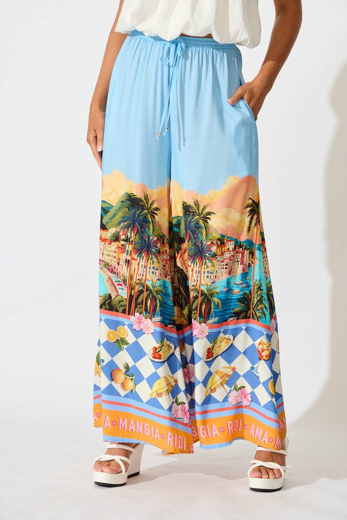 Lucia Pant In Light Blue with Multi Tropical Print