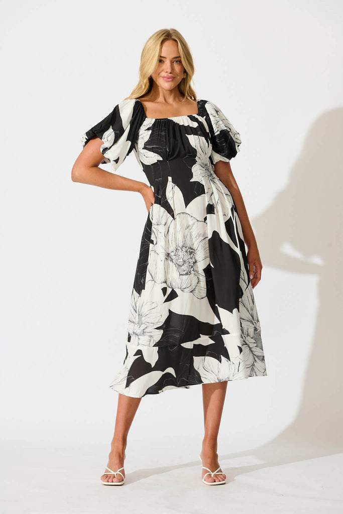 Wintour Midi Dress In Black With White Floral