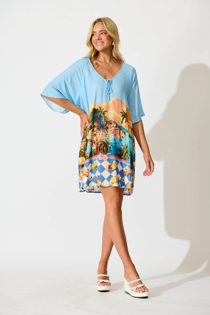 Marla Smock Dress In Light Blue with Multi Tropical Print