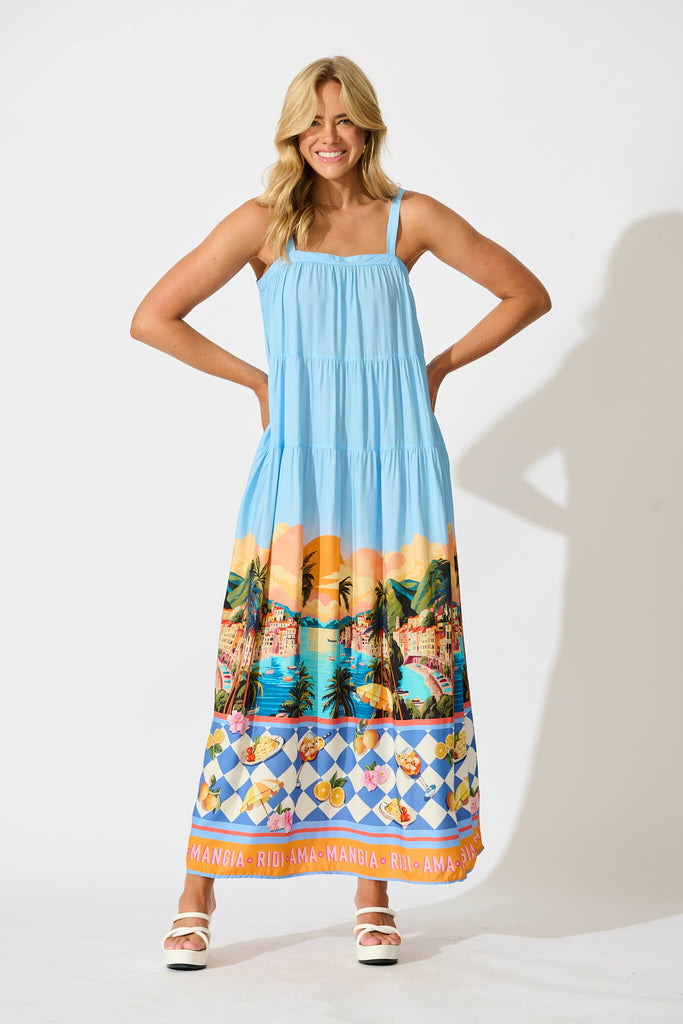 Dory Maxi Dress In Light Blue with Multi Tropical Print