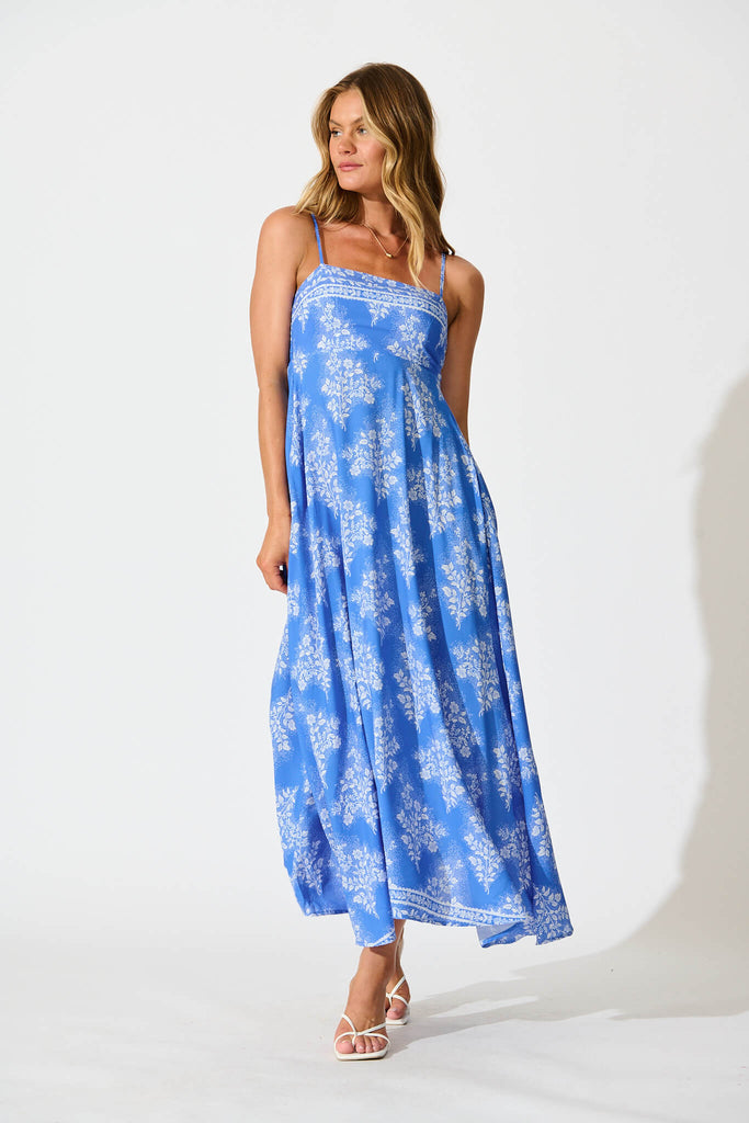 Willa Maxi Sundress In Blue with White Floral