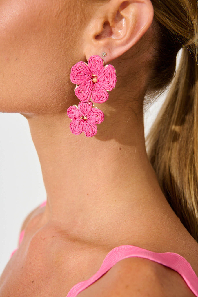 Myka Drop Earring in Pink Straw on model side detail