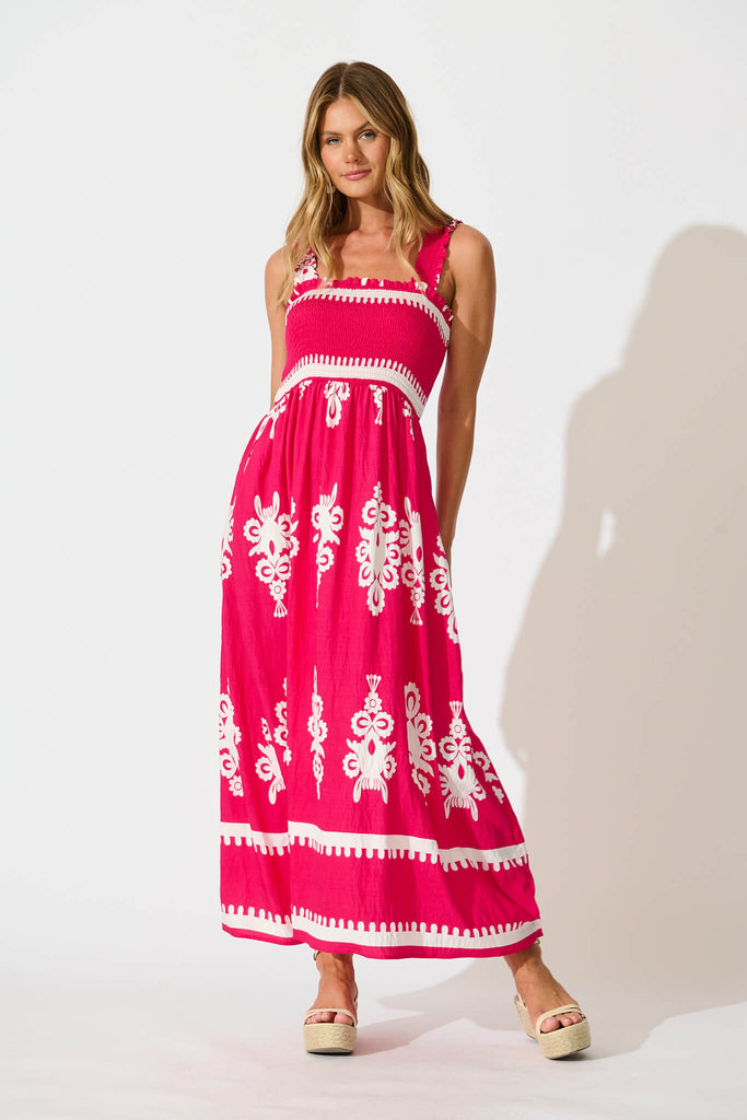 Evanston Maxi Dress in Hot Pink with White Print