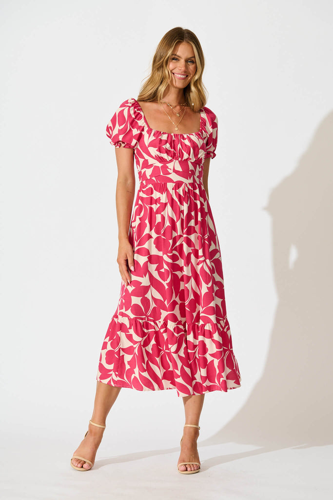 Candie Midi Dress In Pink Leaf