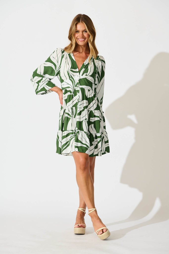 Abriella Dress in Green with White Leaf