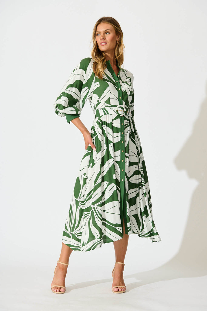 Shiloh Midi Shirt Dress in Green with White Leaf