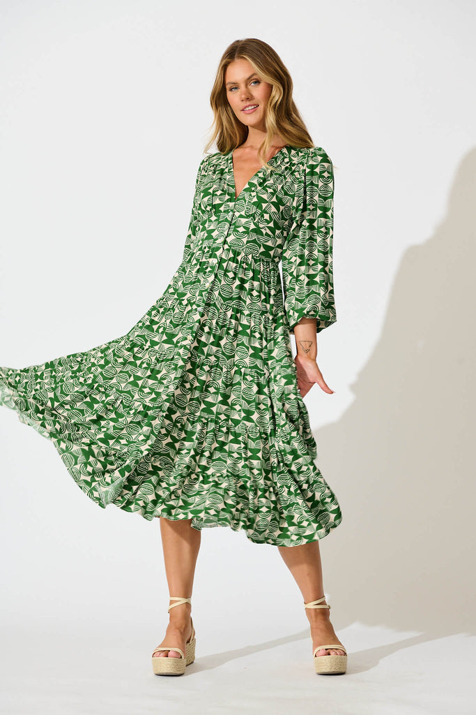 Modical Midi Dress In Green and White Print