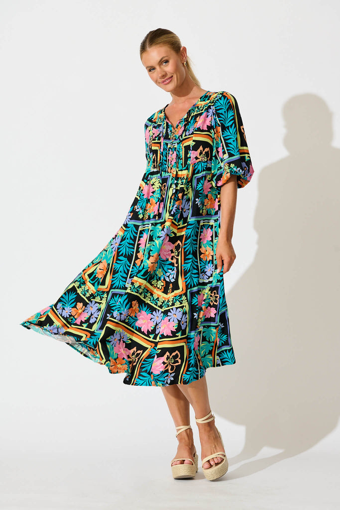 Devana Midi Smock  Dress In Black Multi Print