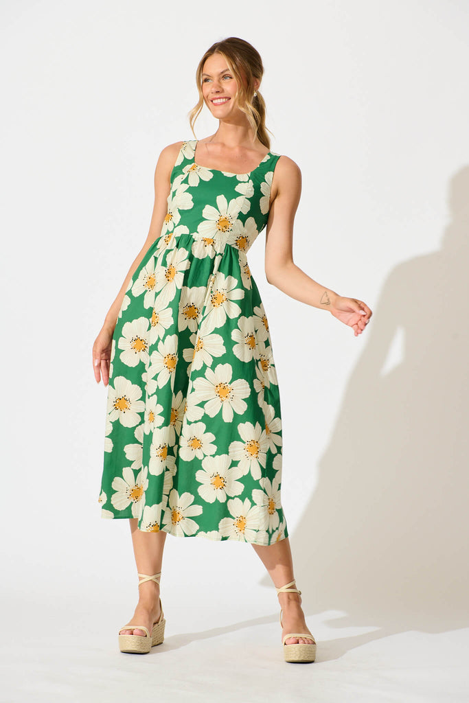 Moreno Midi Dress in Green with White Flower Print Cotton