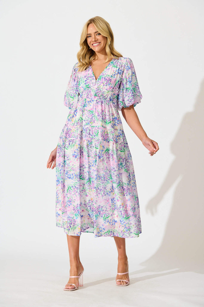 Amalie Midi Dress In Purple Floral Print full length