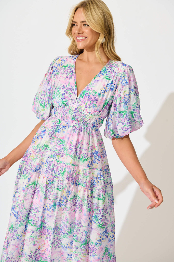 Amalie Midi Dress In Purple Floral Print - front