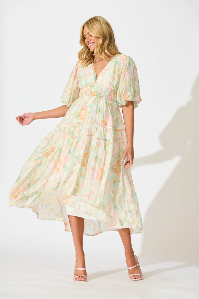 Amalie Midi Dress In White with Pastel Multi Floral - full length