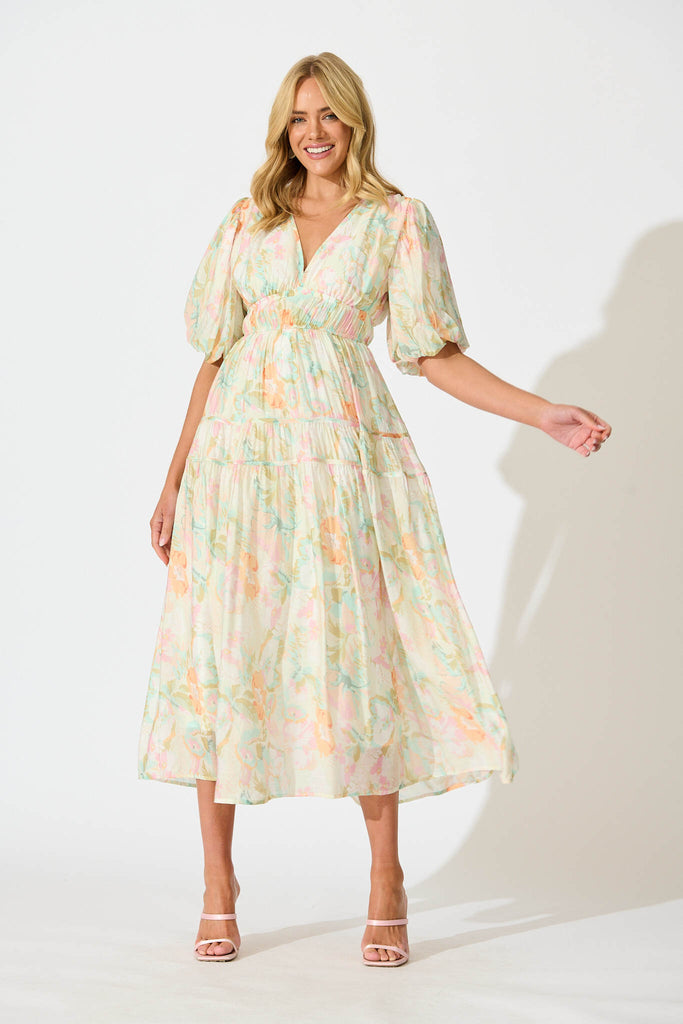 Amalie Midi Dress In White with Pastel Multi Floral full length