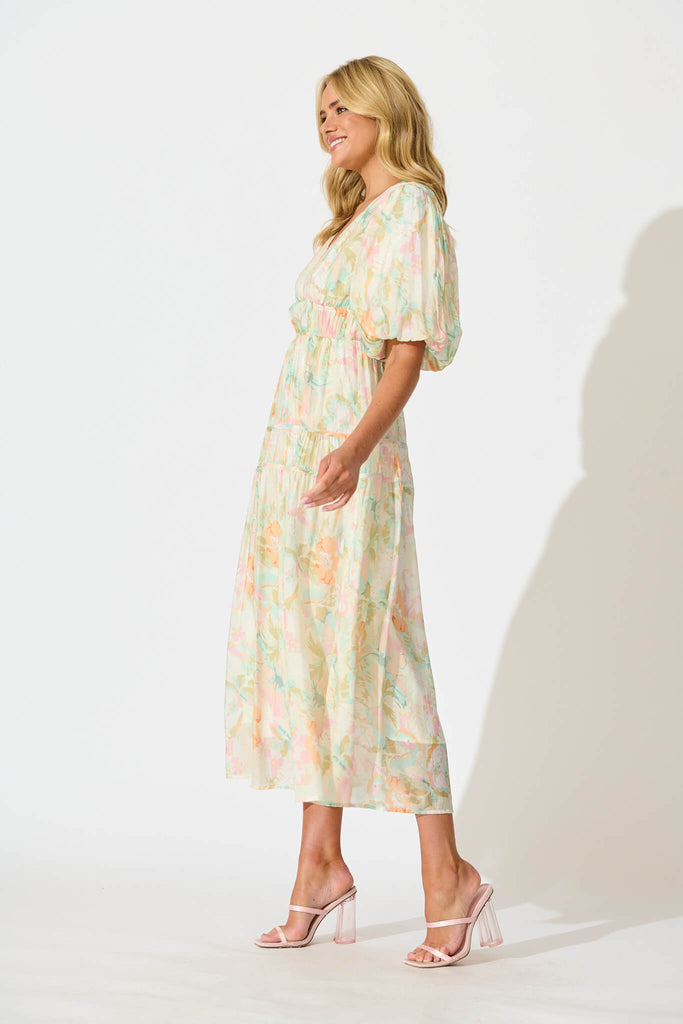 Amalie Midi Dress In White with Pastel Multi Floral - side