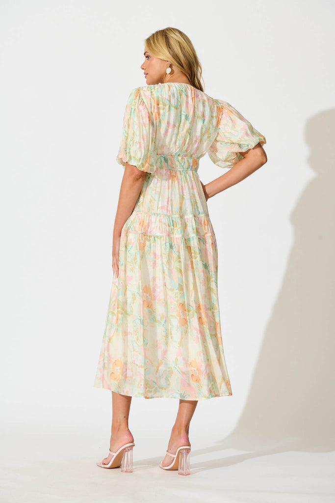 Amalie Midi Dress In White with Pastel Multi Floral - back