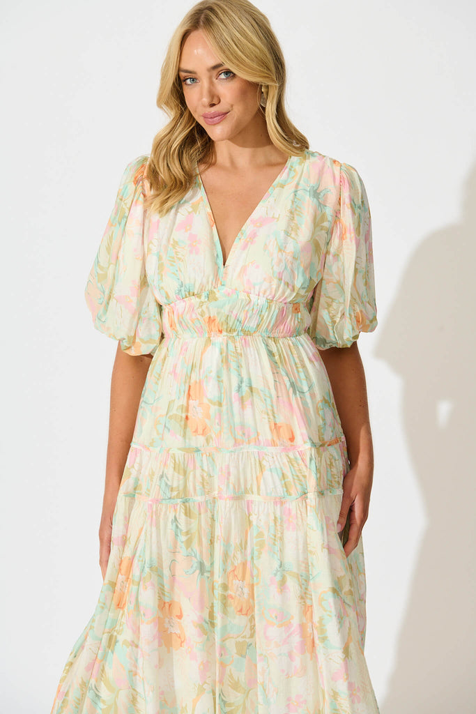 Amalie Midi Dress In White with Pastel Multi Floral - front