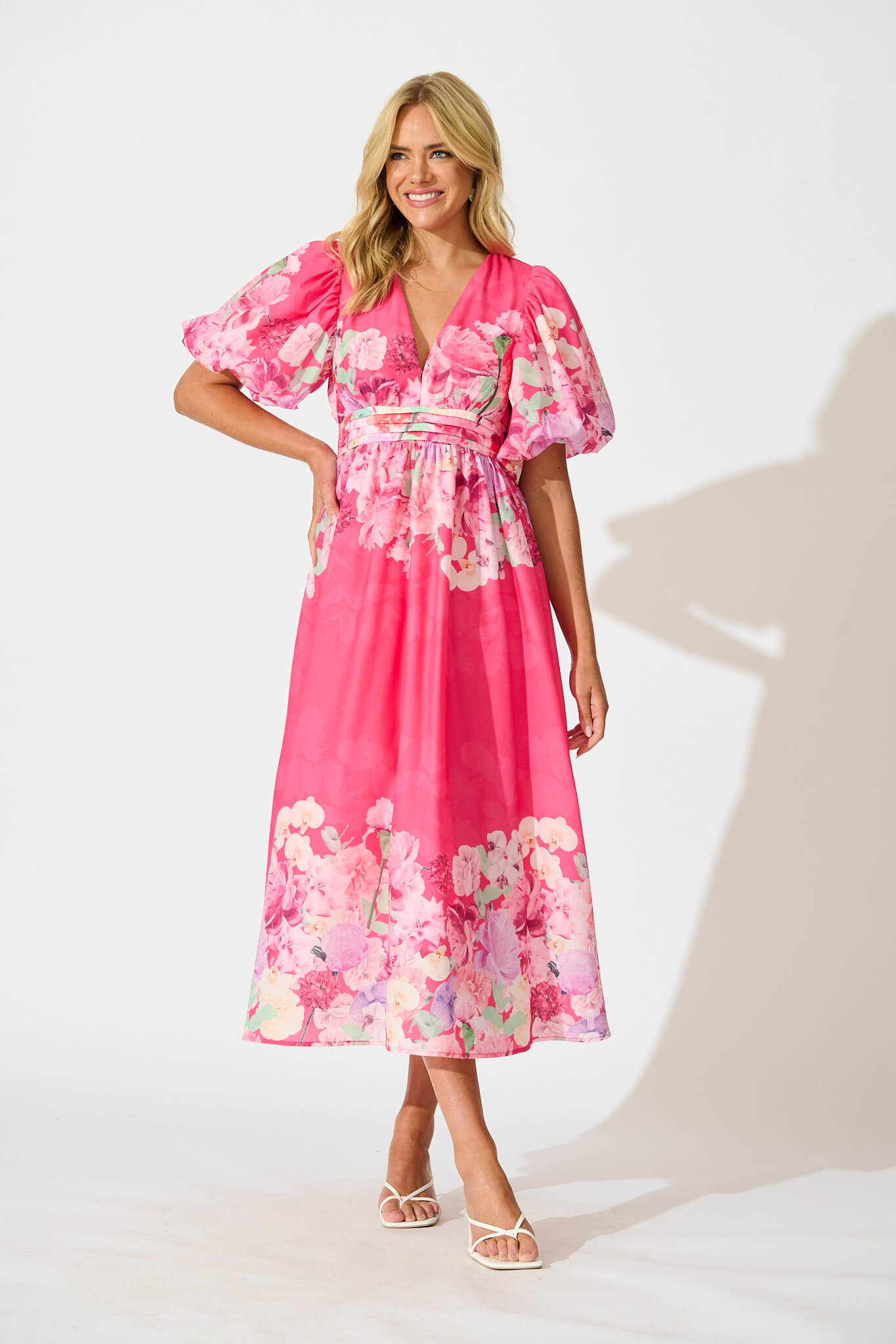 Divine Maxi Dress In Pink With Lilac Multi Floral Print - full length