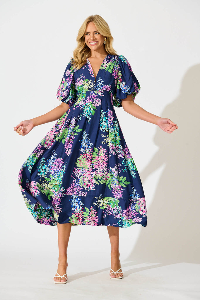 Daydreamer Midi Dress in Navy Wisteria Print - full length