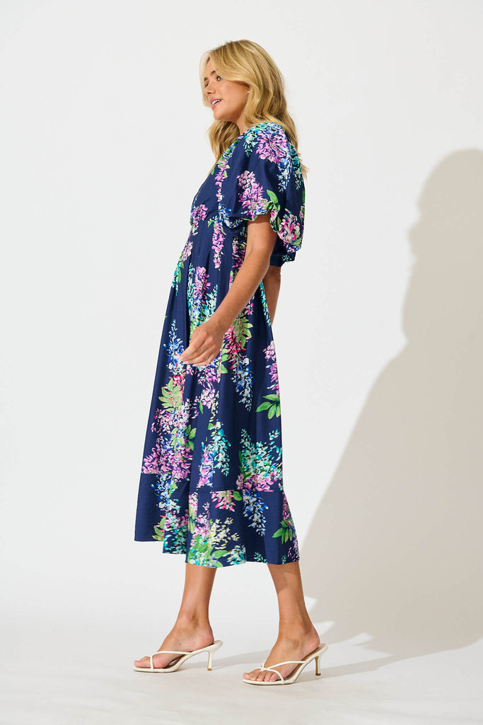 Daydreamer Midi Dress in Navy Wisteria Print - side