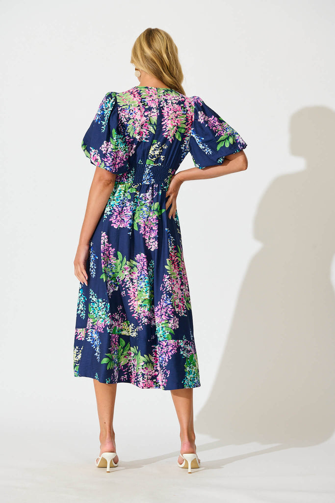 Daydreamer Midi Dress in Navy Wisteria Print - back