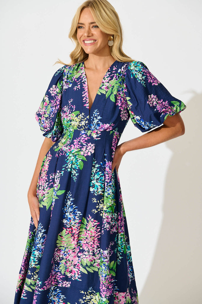 Daydreamer Midi Dress in Navy Wisteria Print - front