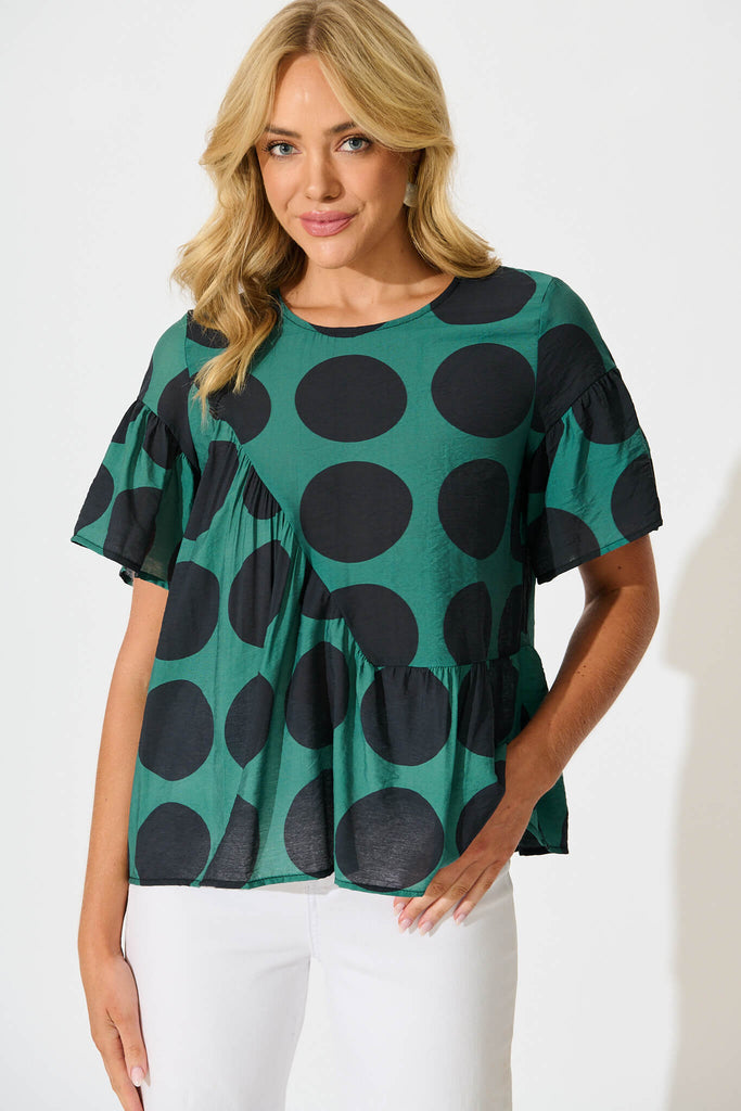 Girona Top In Emerald with Black Spot Cotton Blend - front