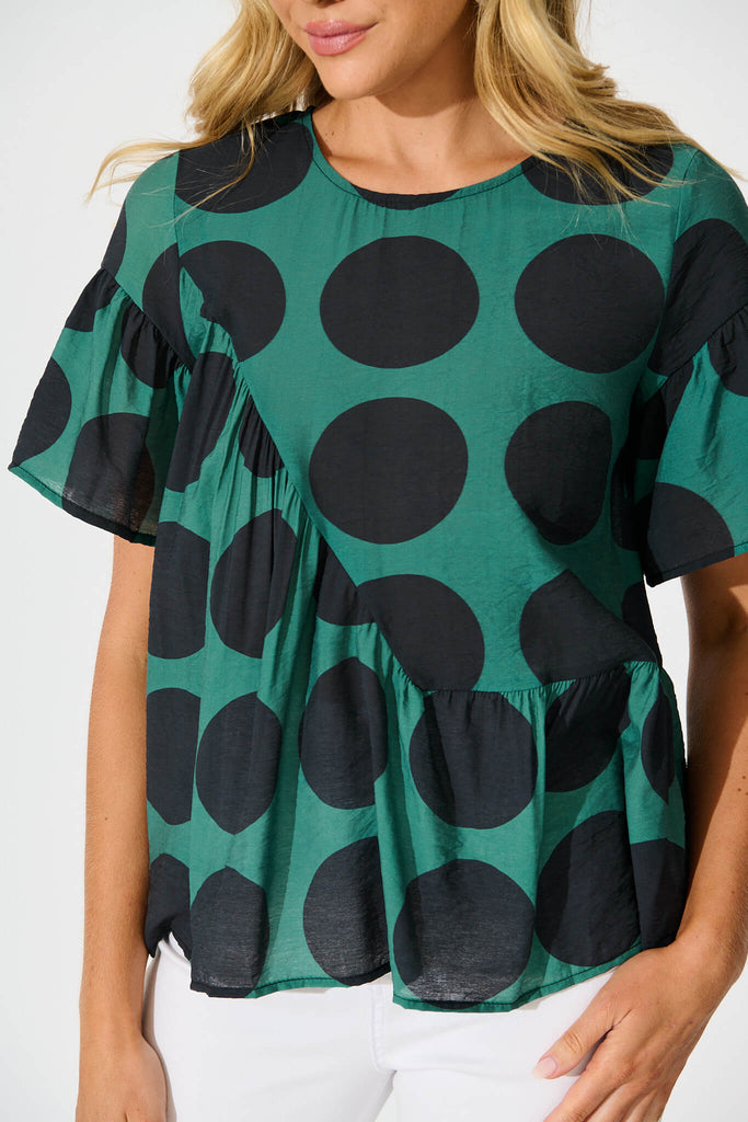 Girona Top In Emerald with Black Spot Cotton Blend - detail