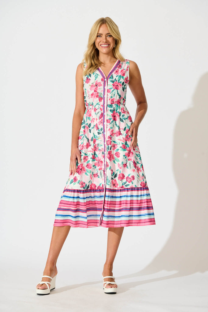 Kimmy Midi Dress in White with Pink Multi Floral- full length