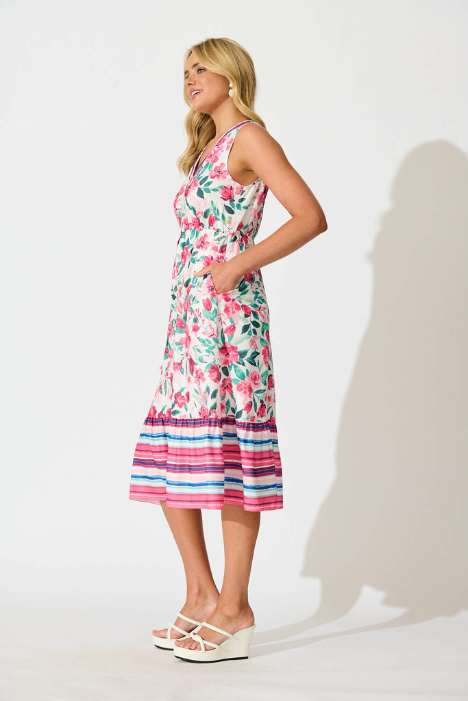 Kimmy Midi Dress in White with Pink Multi Floral - side