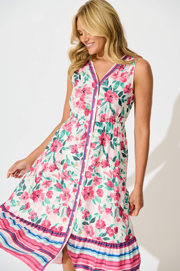 Kimmy Midi Dress in White with Pink Multi Floral - front