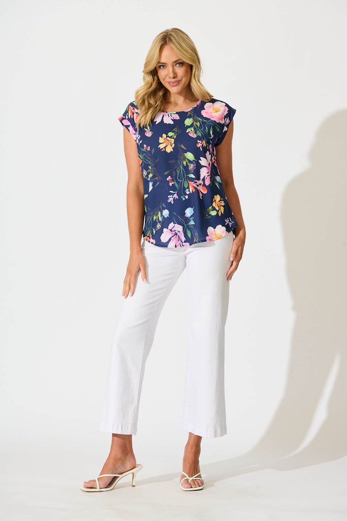 Rejina Top In Navy With Multi Floral Print - full length