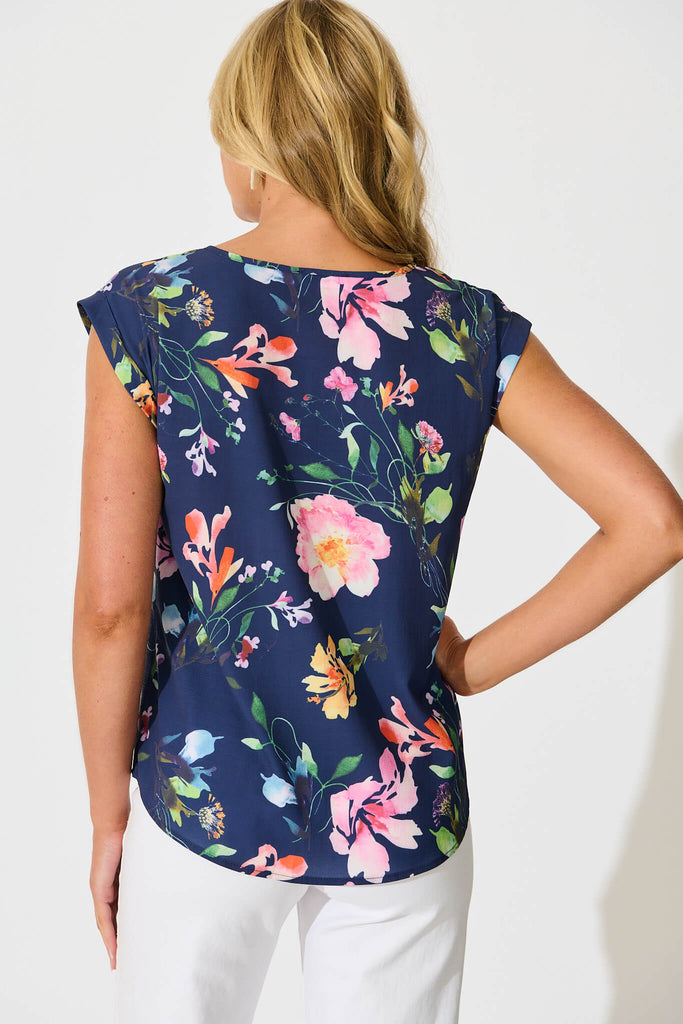 Rejina Top In Navy With Multi Floral Print - back