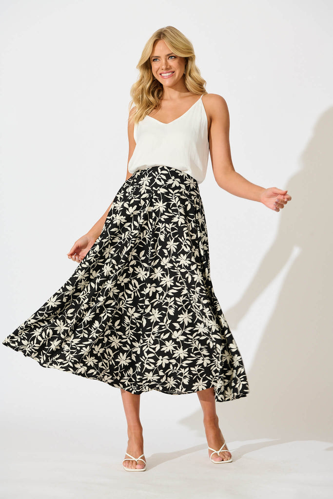 Brandsy Maxi Skirt In Black With Cream Floral - full length