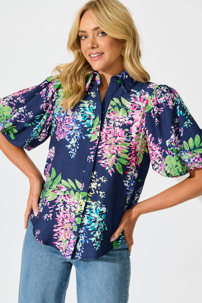 Orland Shirt in Navy Wisteria Print - front