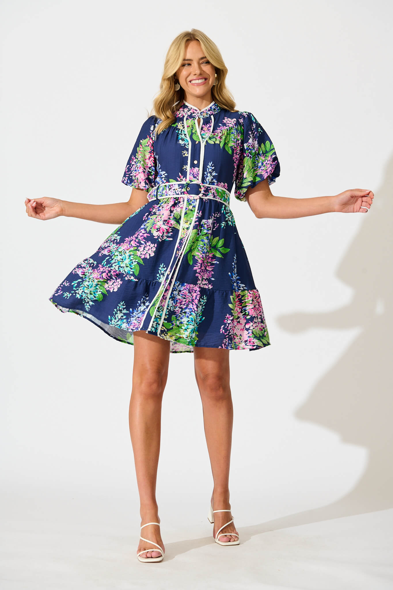 Maybelle Shirt Dress in Navy Wisteria Print with Piping Trim - full length