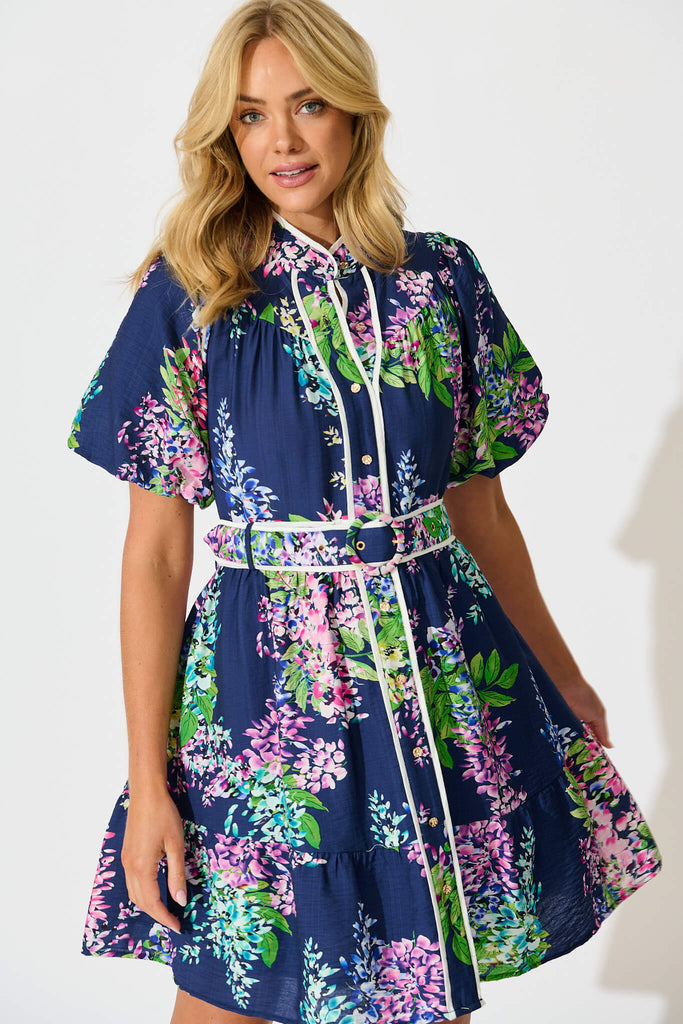 Maybelle Shirt Dress in Navy Wisteria Print with Piping Trim - front