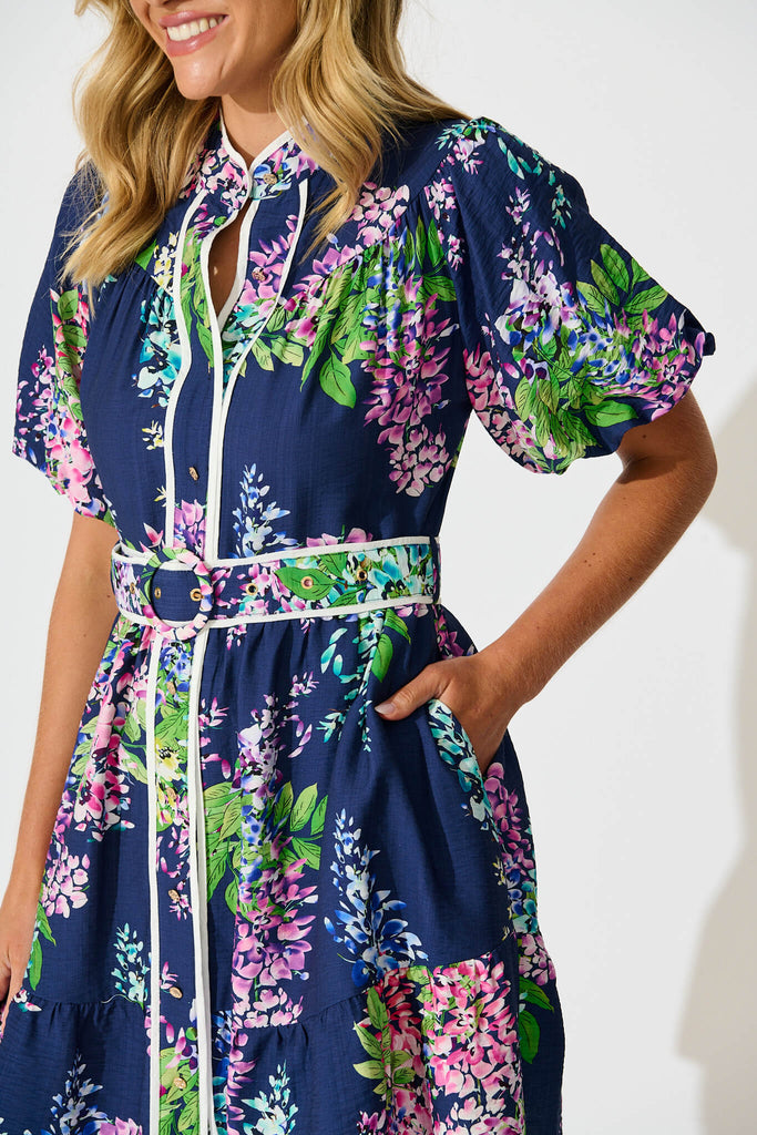 Maybelle Shirt Dress in Navy Wisteria Print with Piping Trim - detail